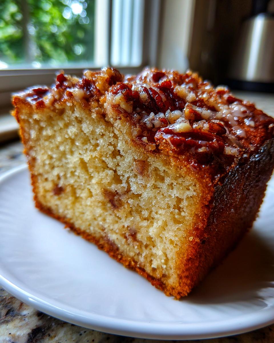 Close-up of a moist slice of sweet Alabama pecan bread topped with a sticky pecan glaze.
