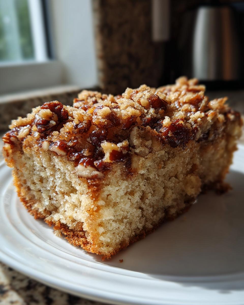 A close-up of a moist slice of sweet alabama pecan bread topped with a rich, crunchy pecan streusel.