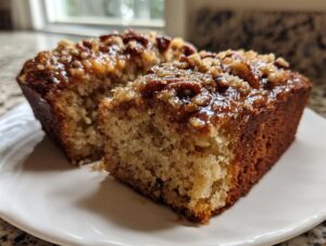 Two slices of moist Sweet Alabama Pecan Bread showing the crumb texture and sticky pecan topping.