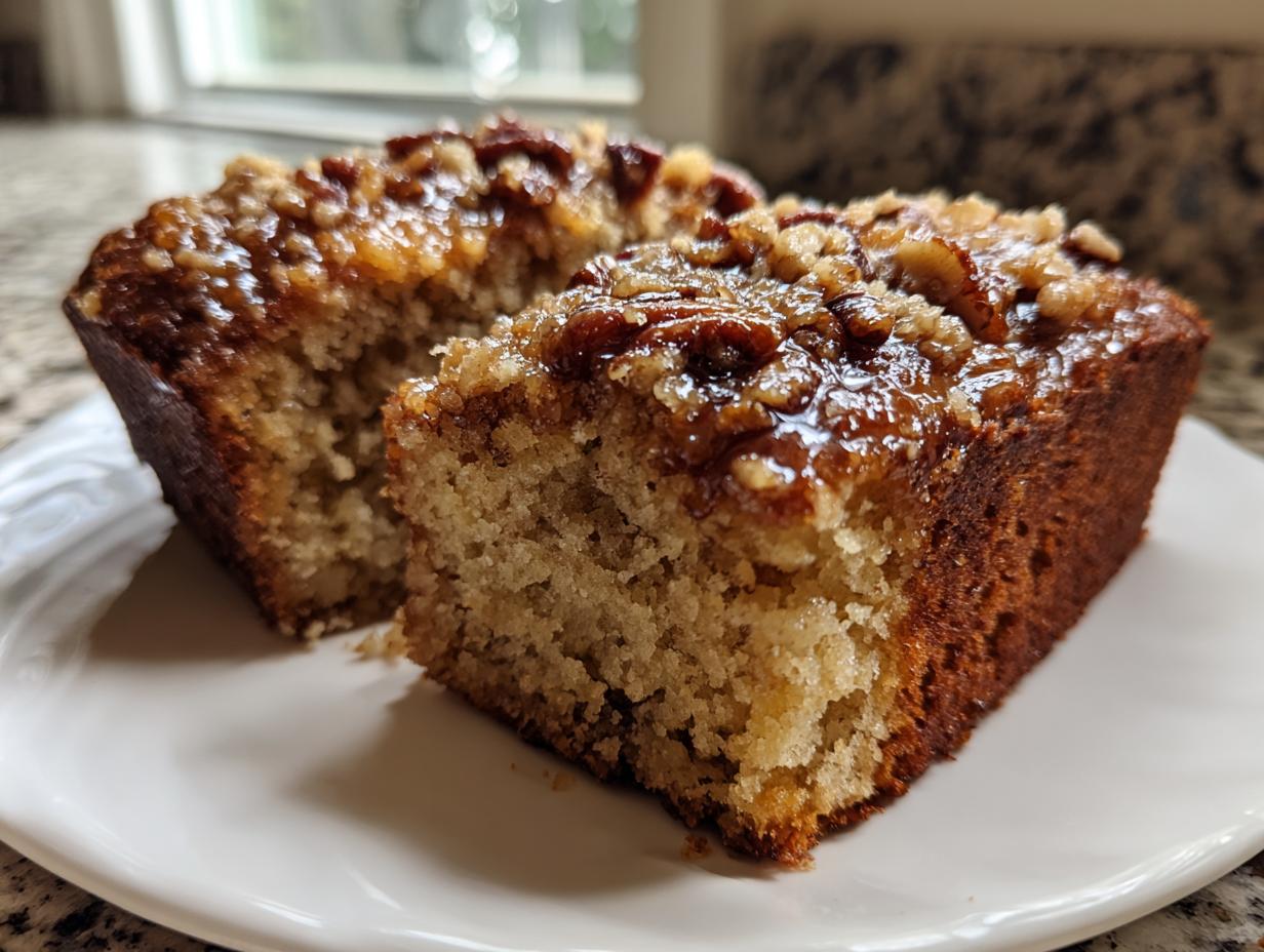 Two slices of moist Sweet Alabama Pecan Bread showing the crumb texture and sticky pecan topping.