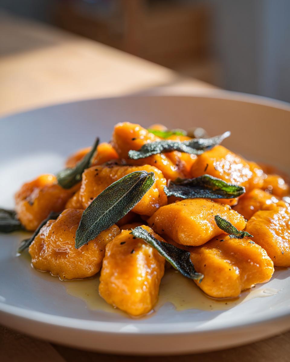 Close-up of vibrant orange sweet potato gnocchi tossed in butter sauce and topped with fresh sage leaves.