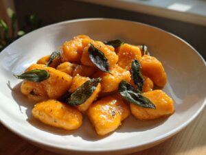 A close-up of bright orange sweet potato gnocchi tossed in sauce and topped with crispy sage leaves.