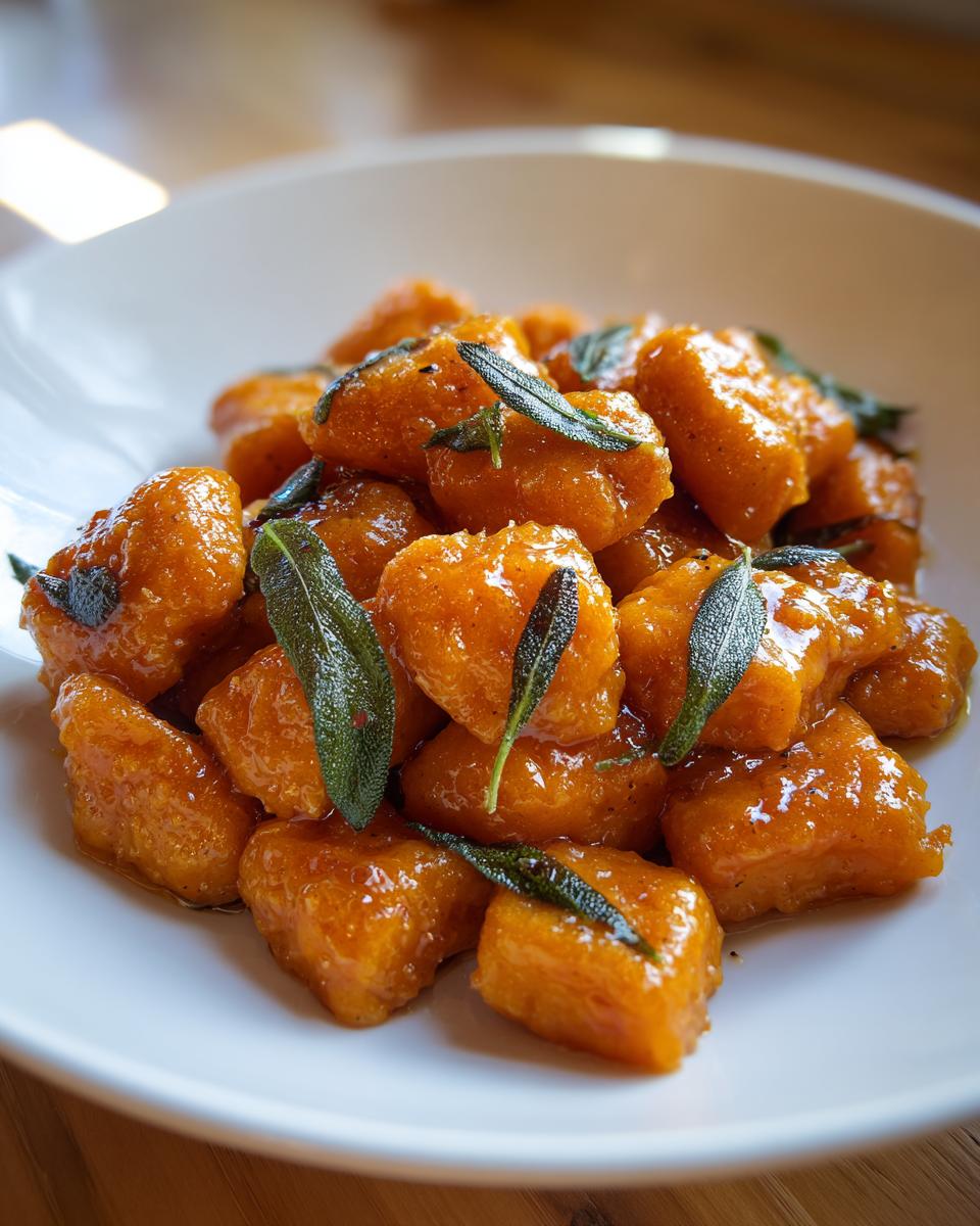 Close-up of vibrant orange sweet potato gnocchi tossed in a buttery sauce and garnished with fresh sage leaves.