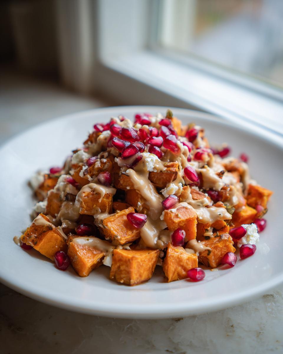 Close-up of roasted cubes in a sweet potato salad, topped with tahini dressing, feta, and bright red pomegranate seeds.