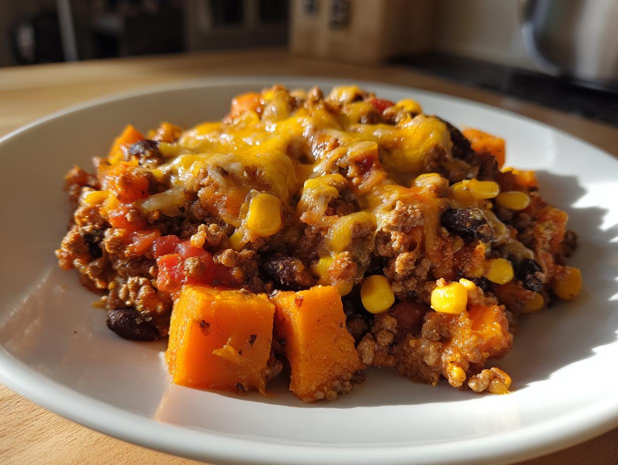 A serving of the amazing 30-minute sweet potato skillet topped with melted cheddar cheese, corn, and beans.