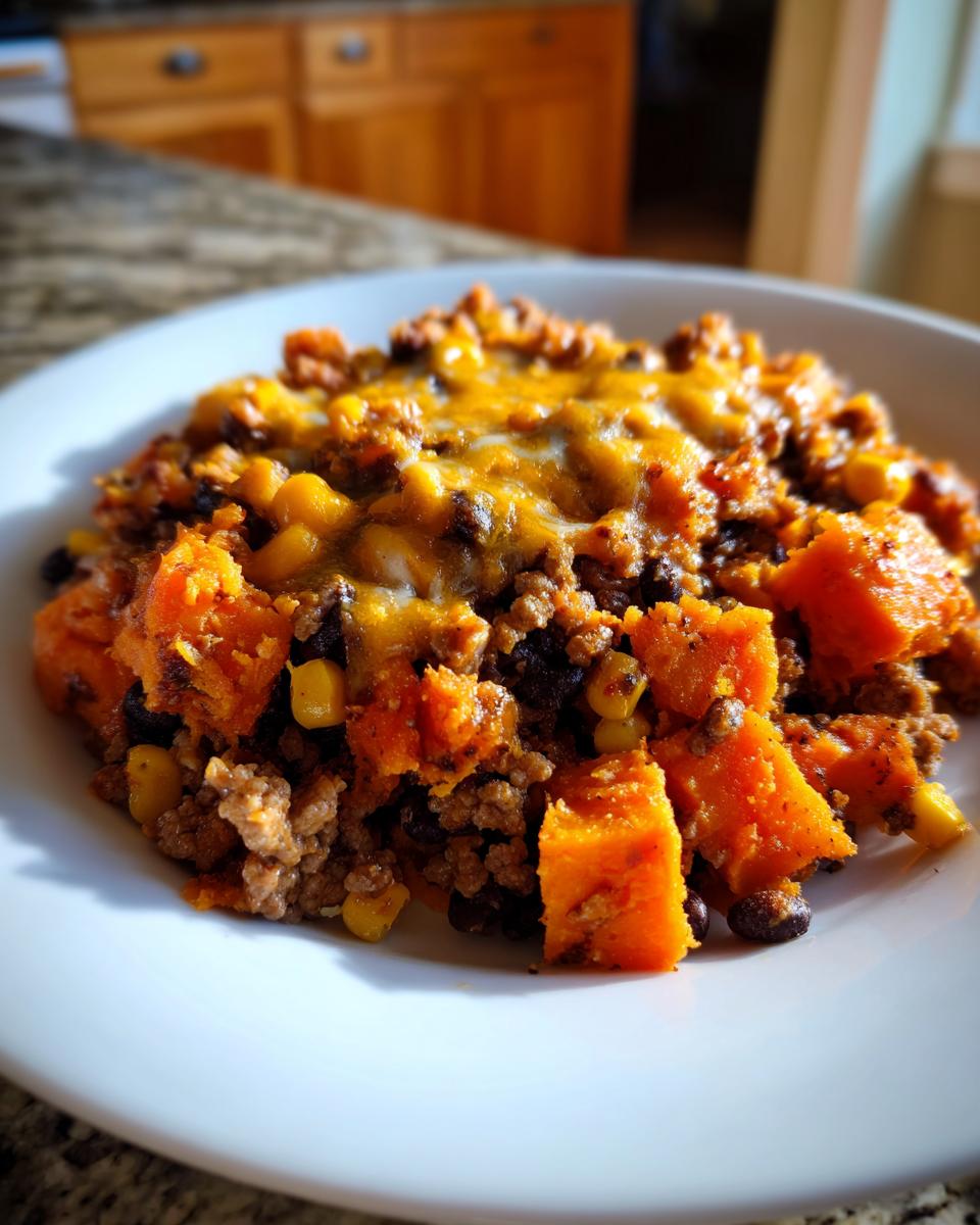 A close-up of a hearty serving of sweet potato skillet with ground meat, black beans, corn, and melted cheddar cheese.