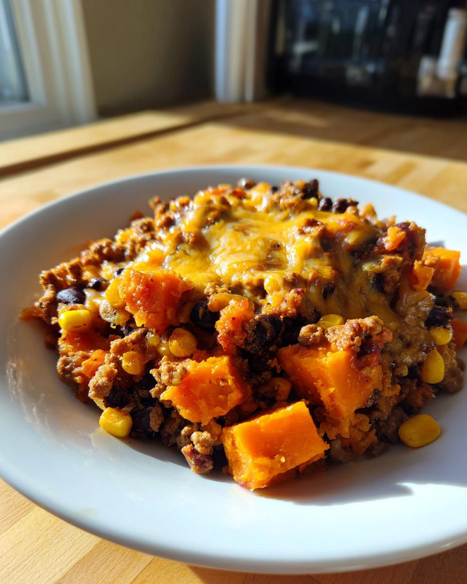 A close-up of a serving of the amazing 30-minute sweet potato skillet with ground meat, black beans, corn, and melted cheddar cheese.