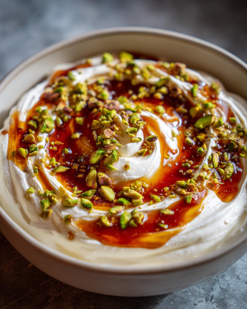 Close-up of a creamy ricotta dip swirled with honey or caramel and topped generously with chopped green pistachios.