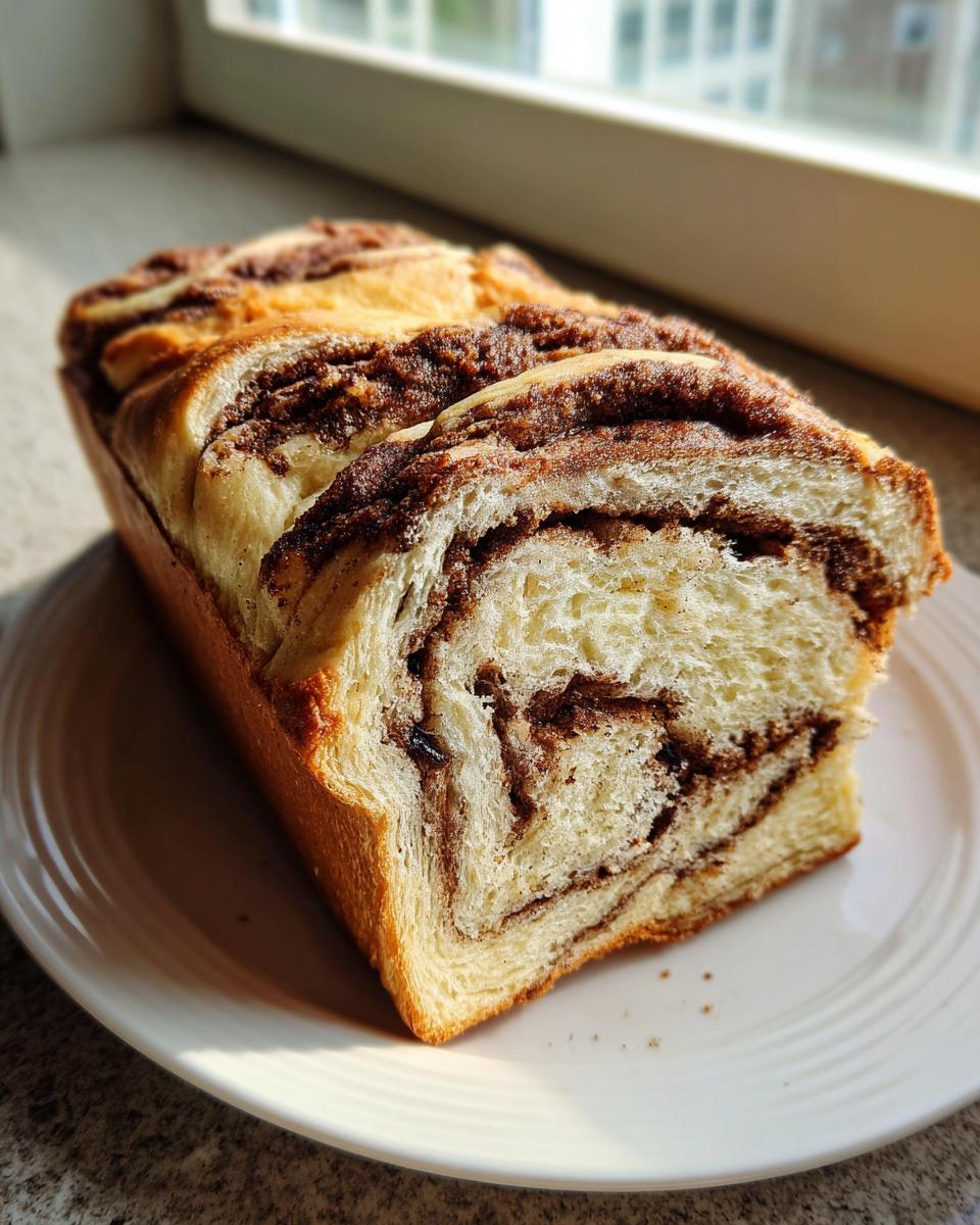 A loaf of swirled chocolate and cinnamon raisin bread resting on a white plate near a sunny window.