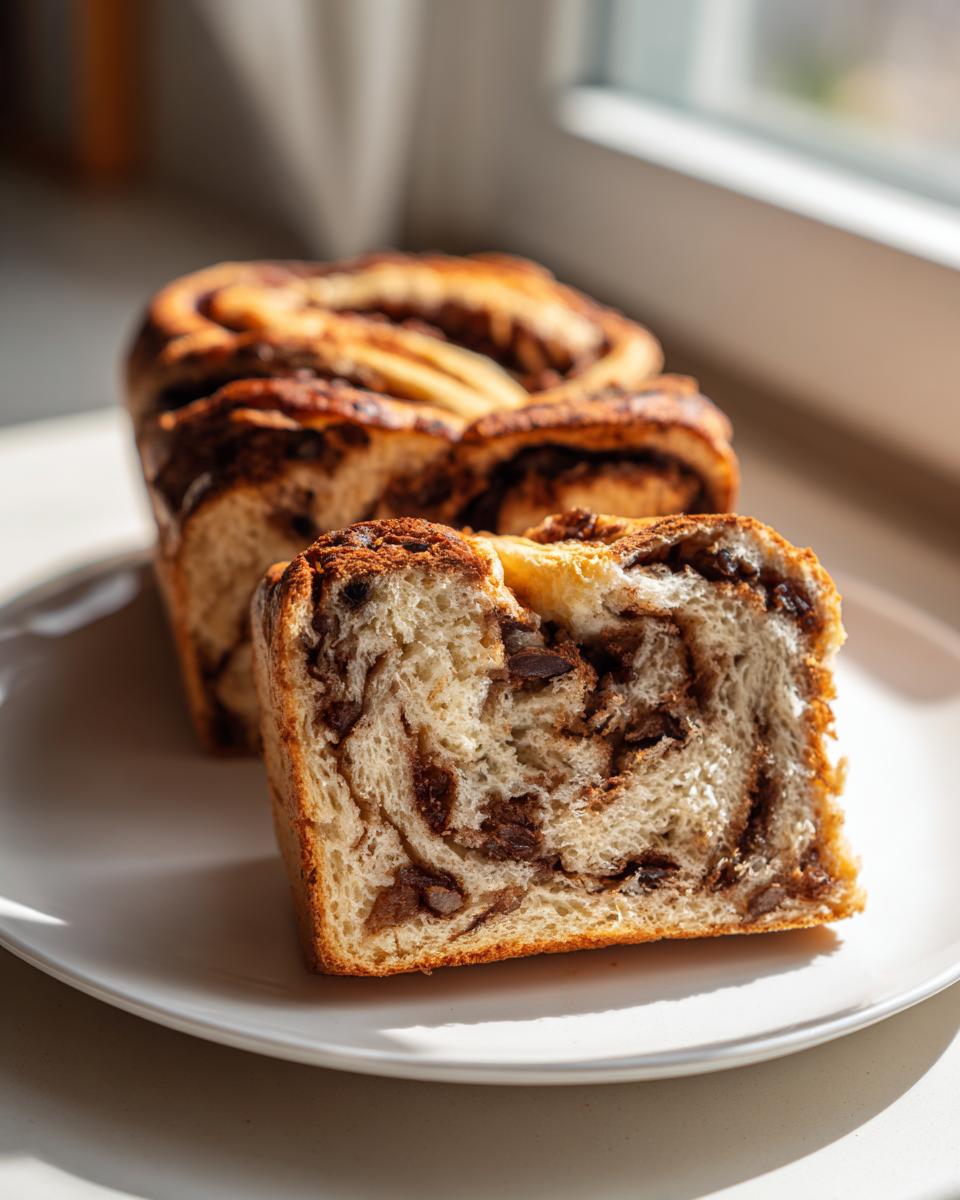A slice of homemade raisin bread showing rich swirls of cinnamon and raisins, with the rest of the loaf blurred in the background.
