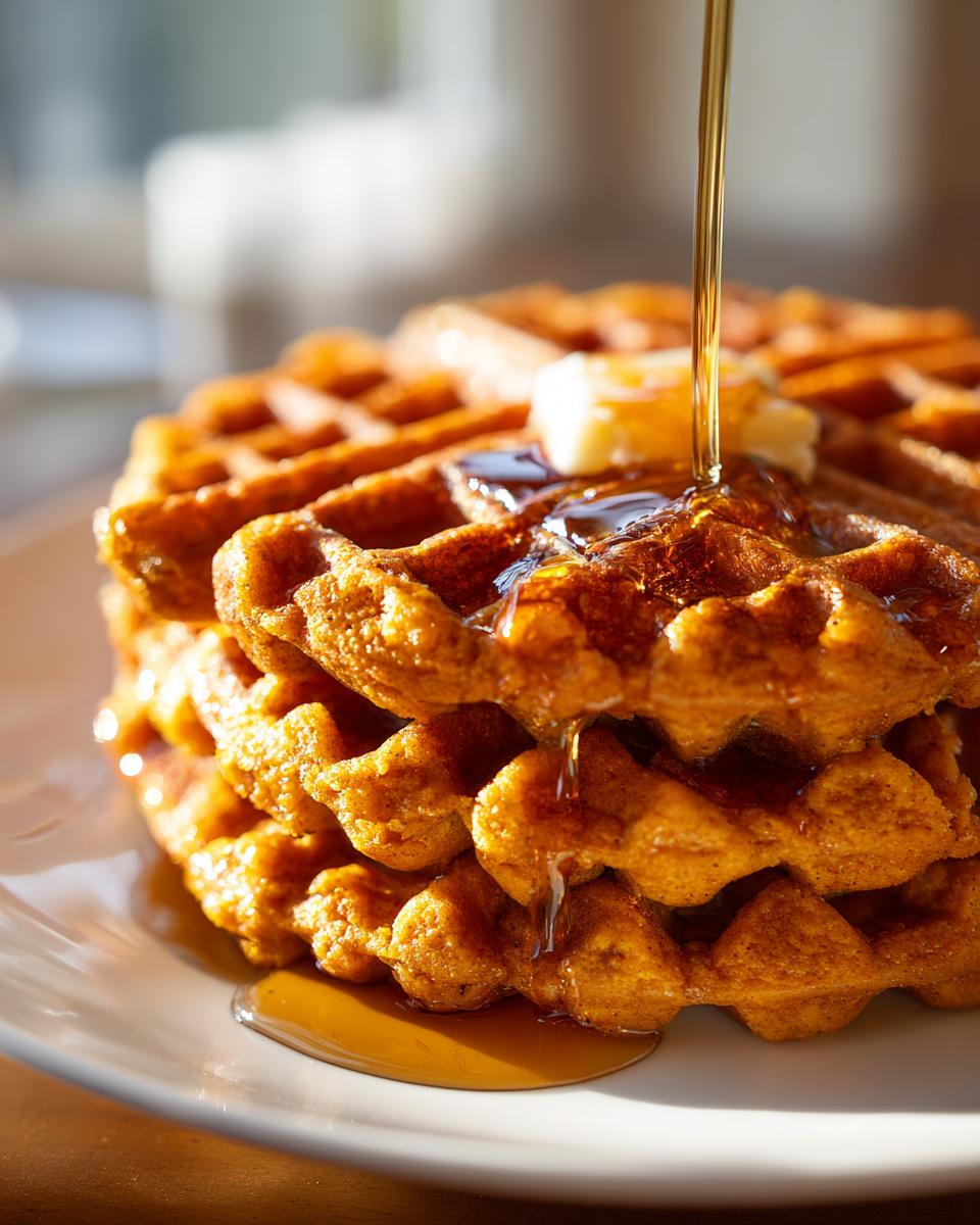 Close-up of a tall stack of golden brown pumpkin waffles with melting butter, as syrup streams down the side.