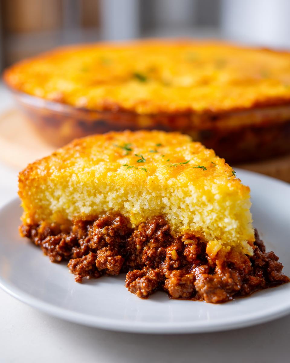 A close-up slice of tamale pie showing a thick layer of savory ground meat filling topped with golden cornbread.