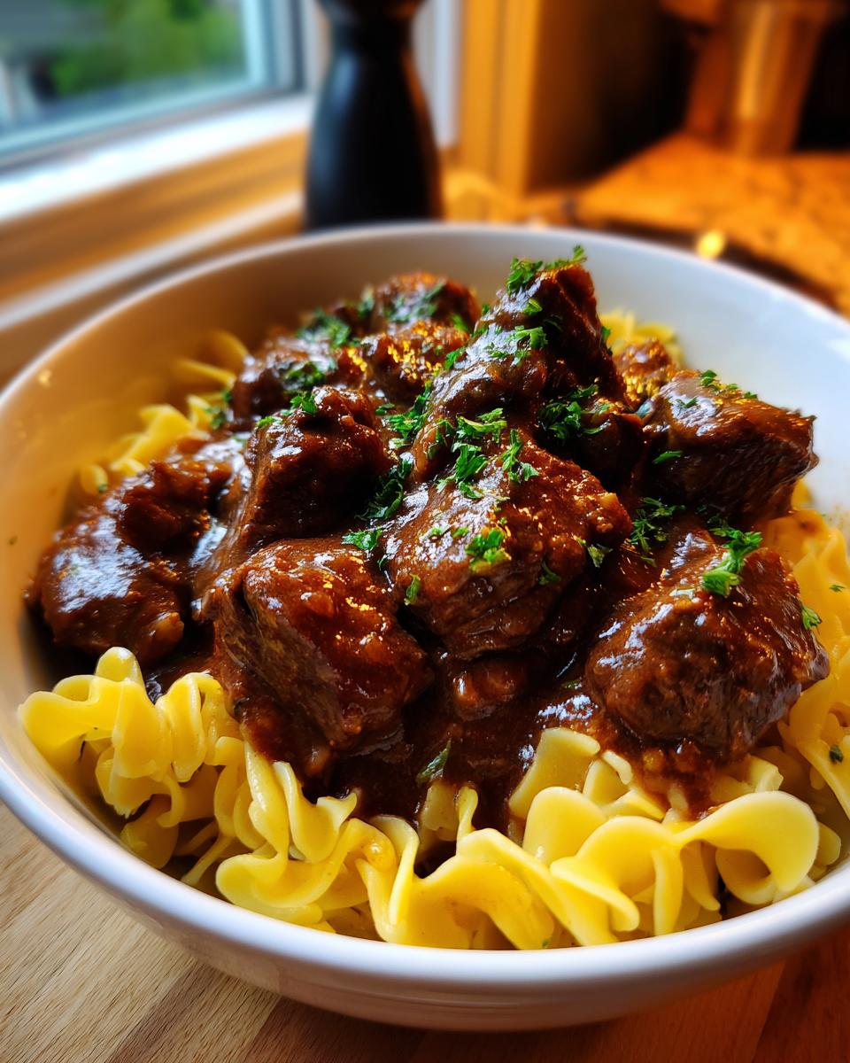 A white bowl filled with tender crockpot beef tips smothered in rich gravy, served over wide egg noodles and garnished with parsley.