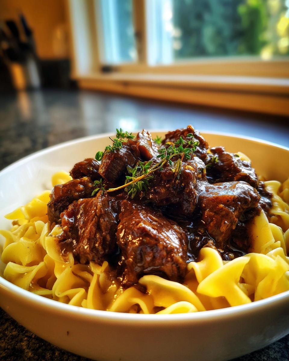 Close-up of tender crockpot beef tips in rich gravy served over wide egg noodles, garnished with fresh thyme.