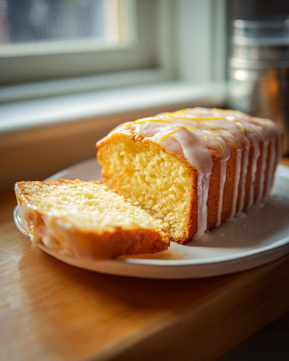 A slice cut from a loaf of tender olive oil cake, topped with white glaze and lemon zest.
