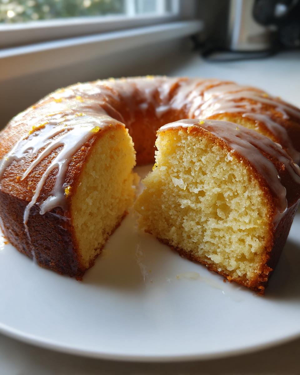 A slice cut from a ring-shaped olive oil cake, showing its tender crumb and white glaze topping.