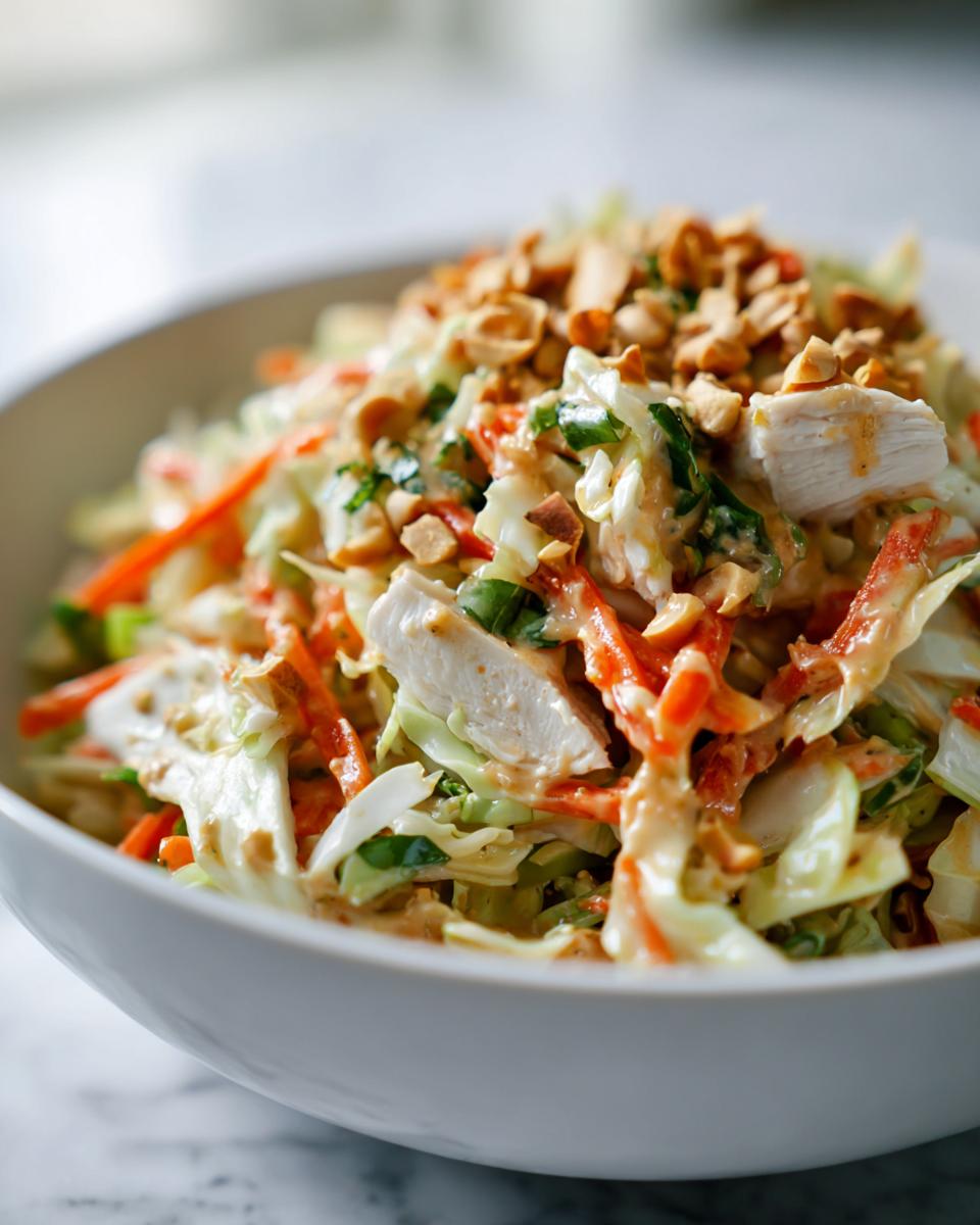 A close-up of a vibrant bowl of thai chicken salad featuring shredded cabbage, carrots, chicken pieces, and topped with crushed peanuts.