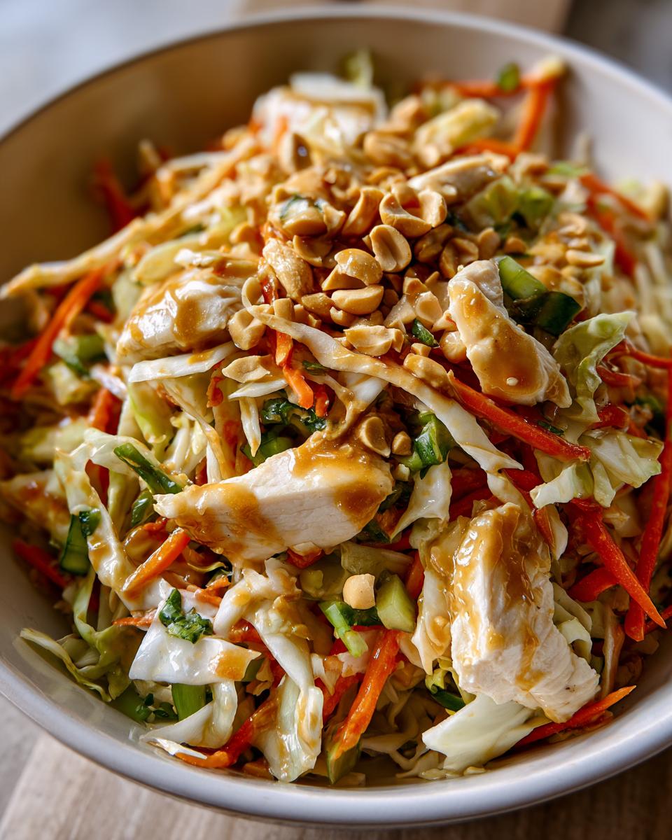 Close-up of a bowl filled with vibrant thai chicken salad featuring shredded cabbage, carrots, chicken pieces, and topped with peanuts and peanut dressing.