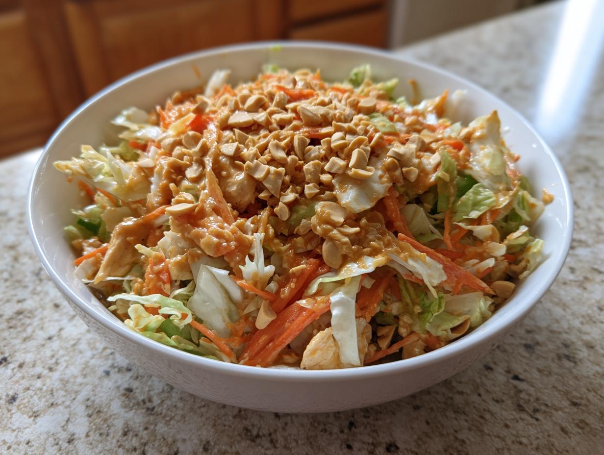 A white bowl filled with vibrant Thai chicken salad, topped generously with peanut dressing and chopped peanuts.