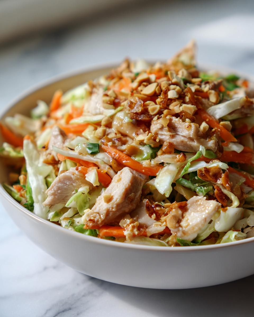 A close-up bowl of vibrant thai chicken salad featuring shredded chicken, carrots, cabbage, and topped with crushed peanuts.