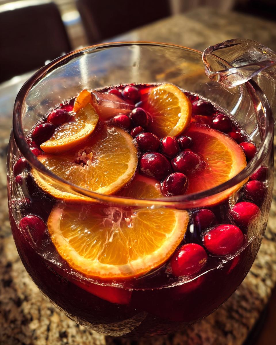 Close-up of a glass punch bowl filled with dark red Thanksgiving punch, garnished heavily with bright orange slices and whole cranberries.