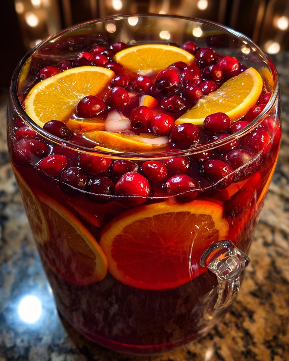 Close-up of a large glass dispenser filled with vibrant red thanksgiving punch, garnished heavily with fresh cranberries and orange slices.