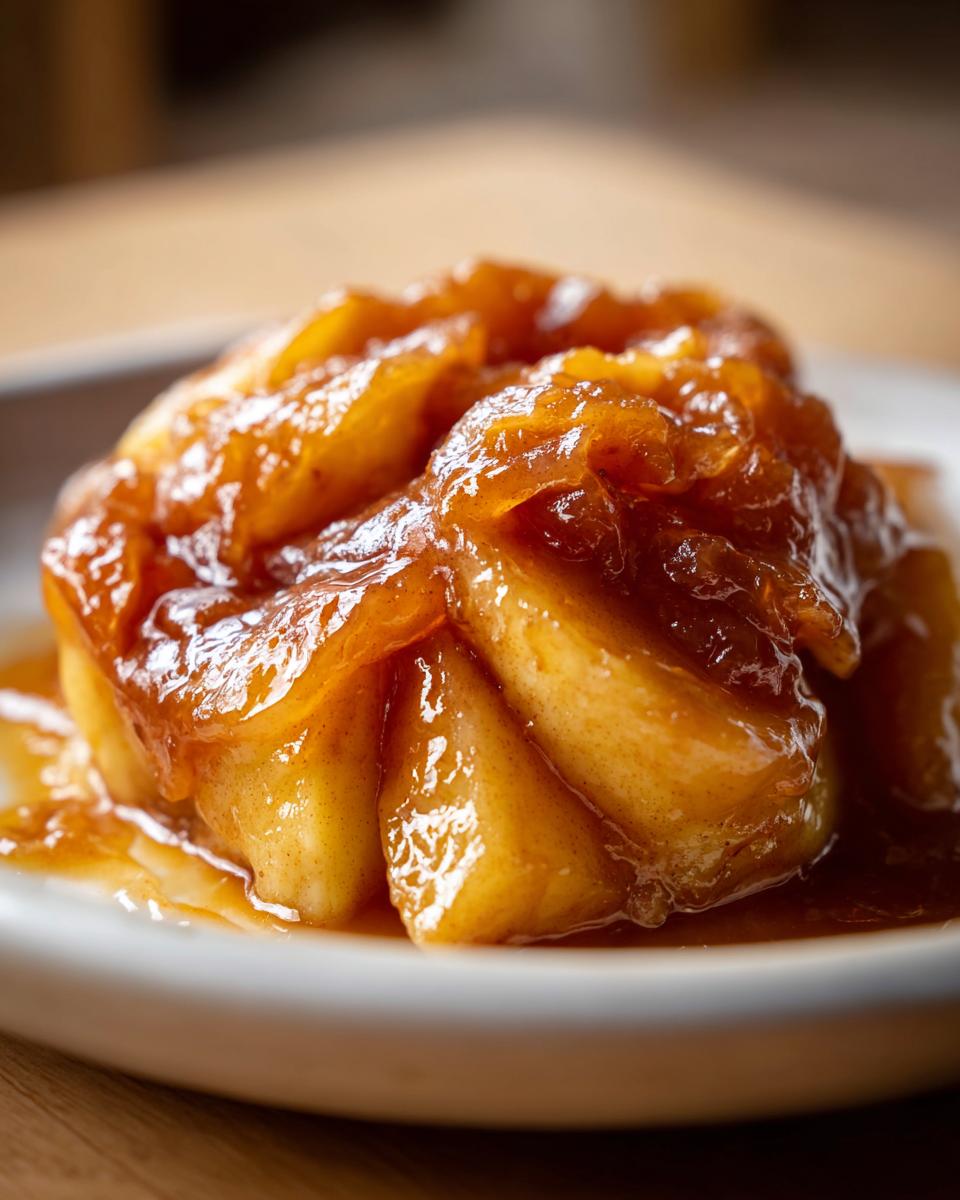 Close-up of thick, glossy apple pie filling made with caramelized apple slices in a rich sauce.