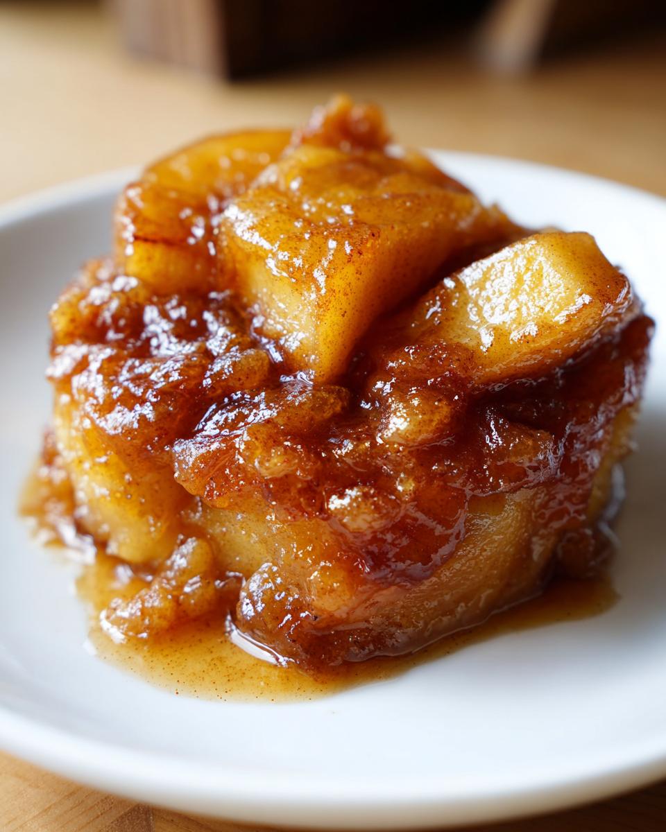 Close-up of thick, glossy apple pie filling with visible cinnamon specks served on a white plate.