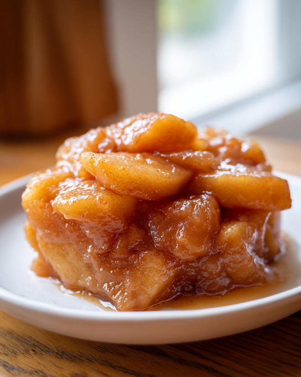 Close-up of a mound of thick, glossy, spiced apple pie filling served on a small white dish.