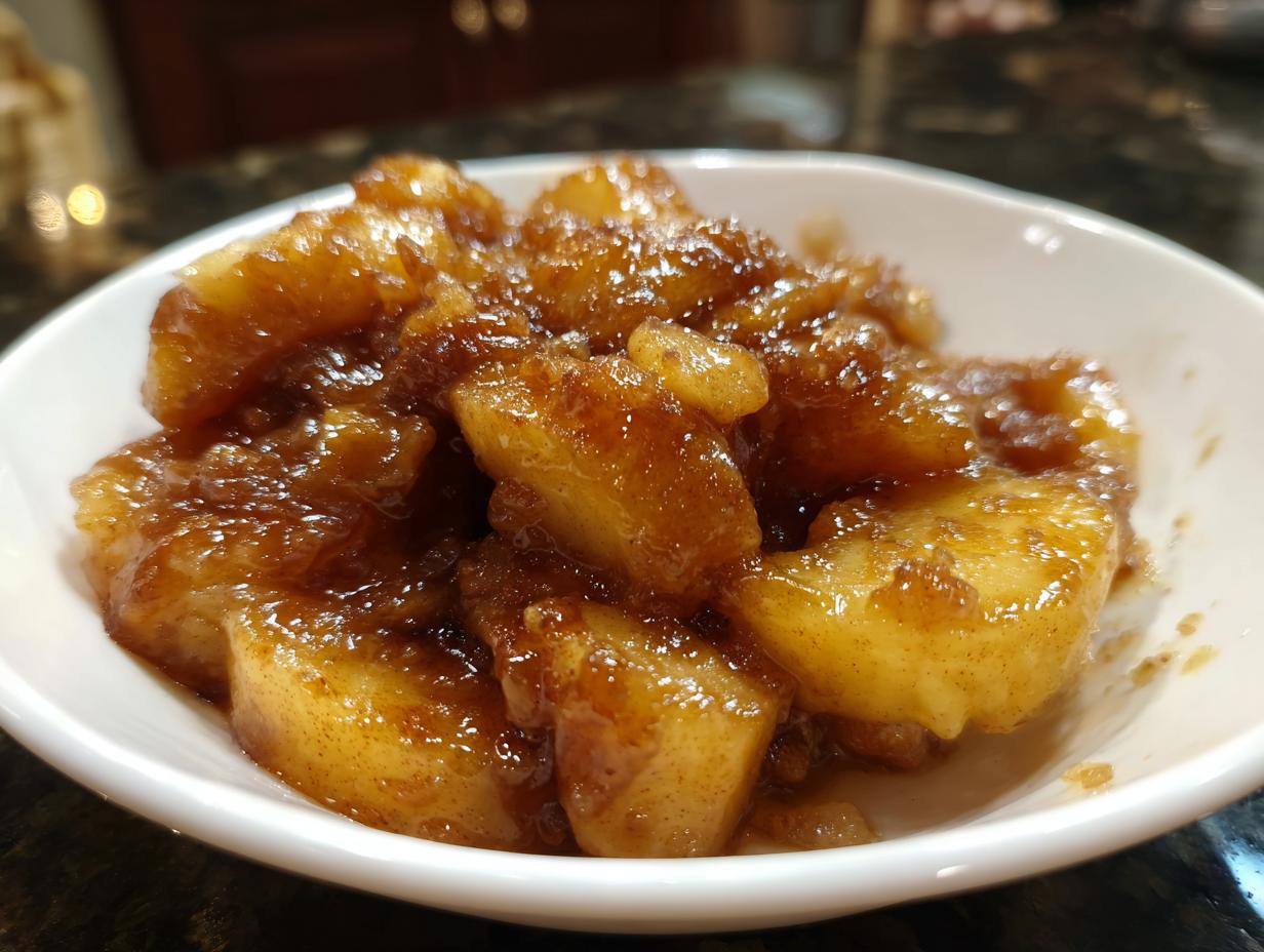 Close-up of thick, glossy apple pie filling chunks coated in cinnamon sugar sauce in a white bowl.