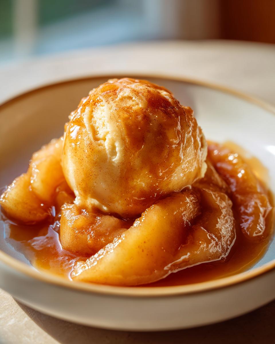 Close-up of thick apple pie filling served warm with a scoop of vanilla ice cream dusted with cinnamon.