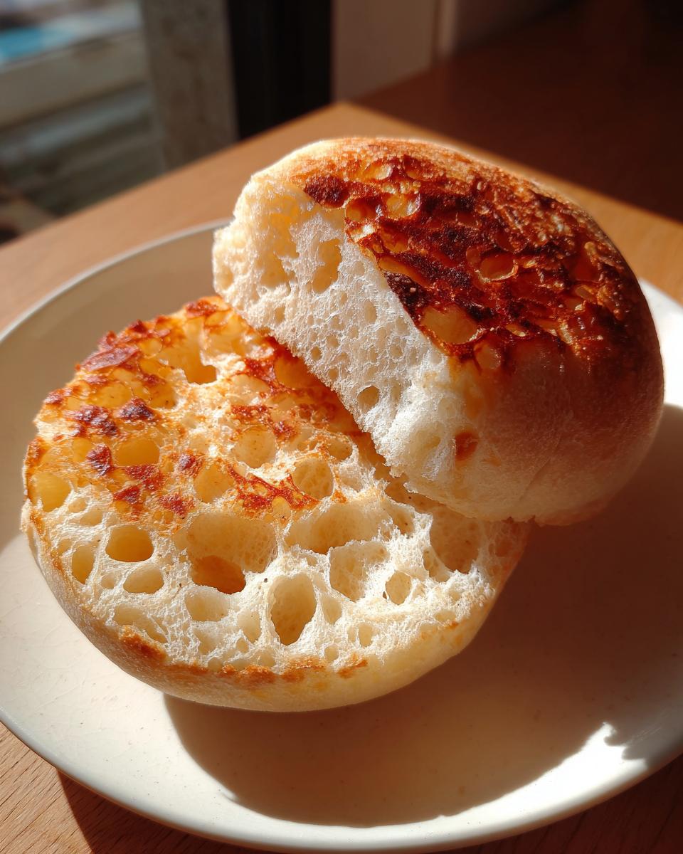 Close-up of a toasted english muffin, split in half, showing its signature nooks and crannies.