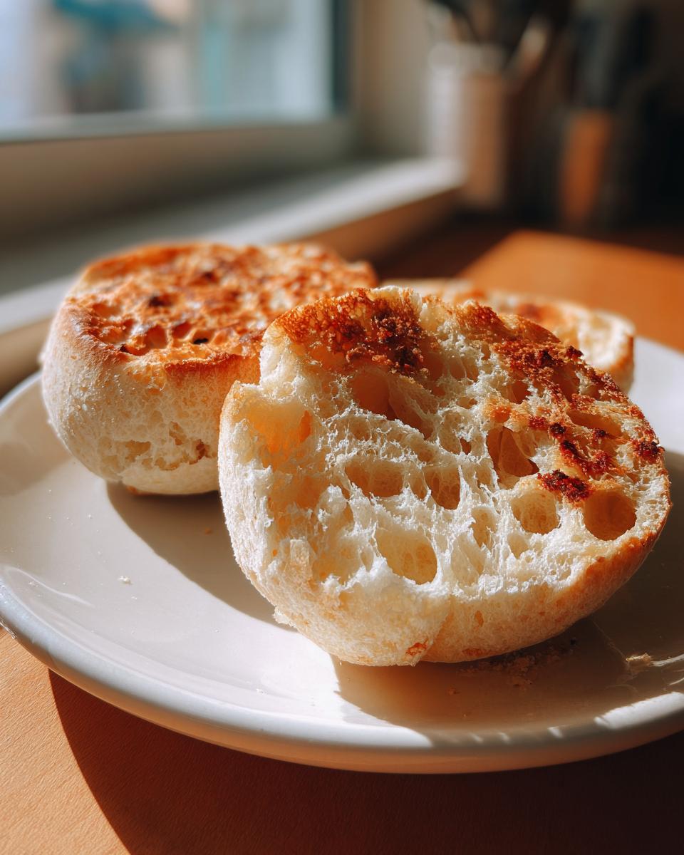 Close-up of a toasted english muffin cut in half, showing the signature nooks and crannies texture.
