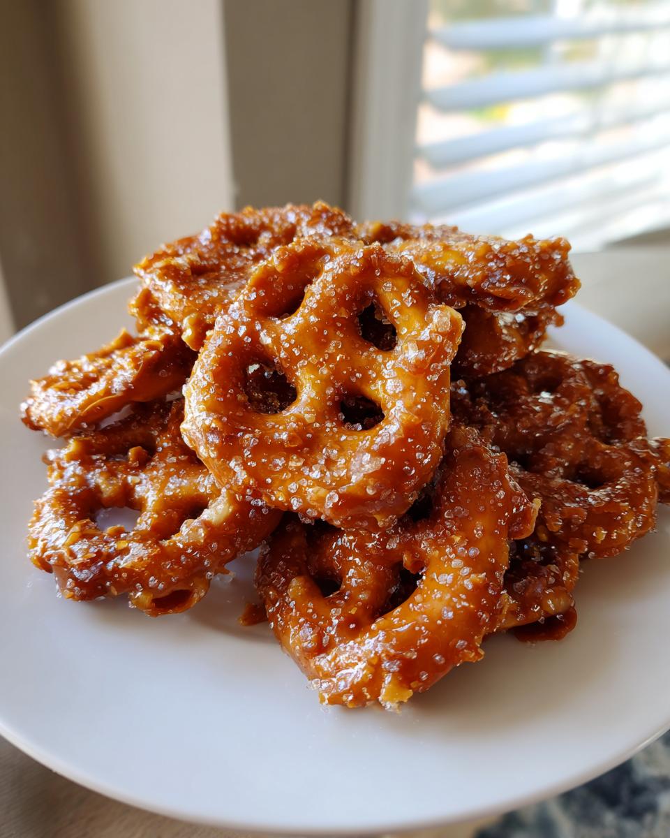 A close-up stack of homemade toffee pretzels coated in a glossy caramel glaze and sprinkled with coarse sugar crystals.