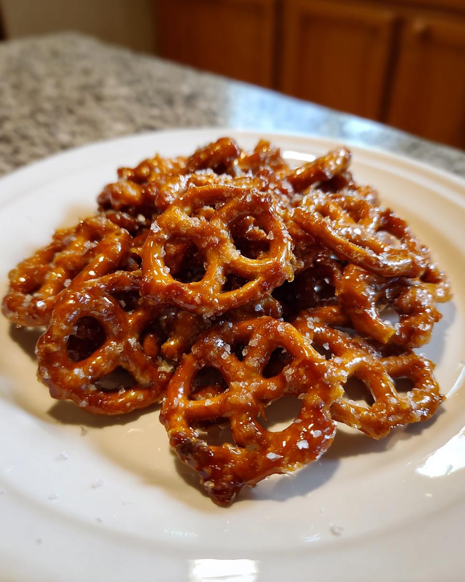 A pile of shiny, glazed toffee pretzels sprinkled with coarse salt on a white plate.