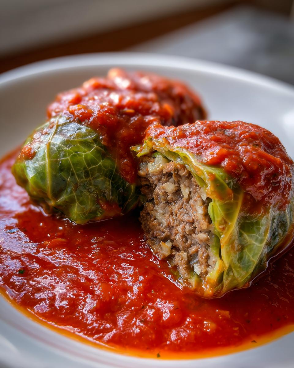 Close-up of two delicious cabbage rolls smothered in bright red tomato sauce, one cut open showing the ground meat and rice filling.