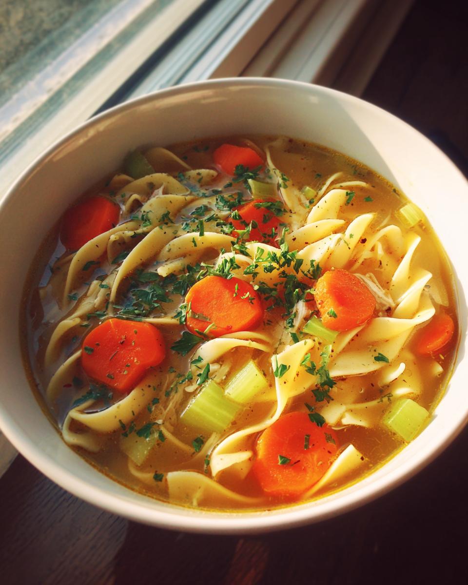 Close-up of a white bowl filled with steaming turkey noodle soup, featuring wide egg noodles, sliced carrots, celery, and parsley.