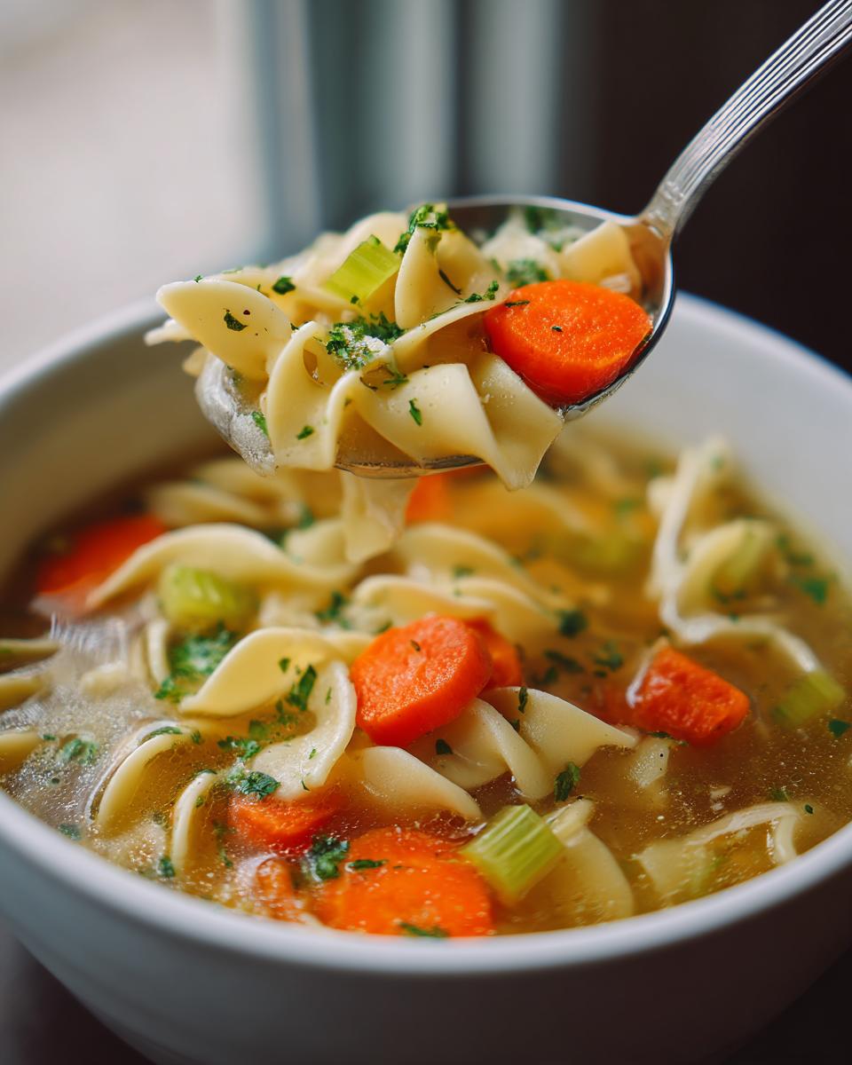 A spoonful of rich turkey noodle soup lifted from a white bowl, showing wide egg noodles, bright orange carrots, and celery.