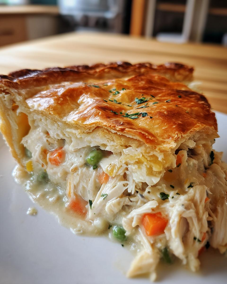 A close-up of a slice of creamy turkey pot pie recipe showing shredded turkey, carrots, and peas under a golden, flaky crust.
