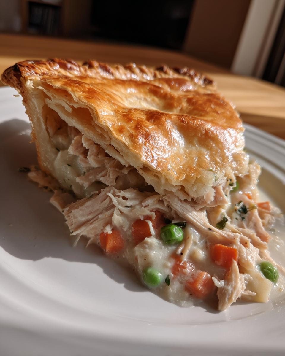 A close-up slice of turkey pot pie recipe showing flaky golden crust and creamy filling with shredded turkey, carrots, and peas.