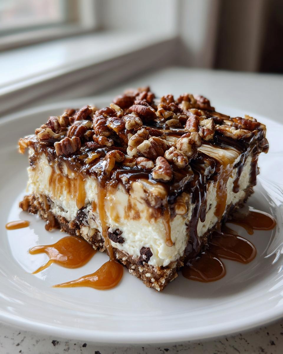 A decadent slice of turtle cheesecake topped with pecans, chocolate, and dripping caramel sauce on a white plate.