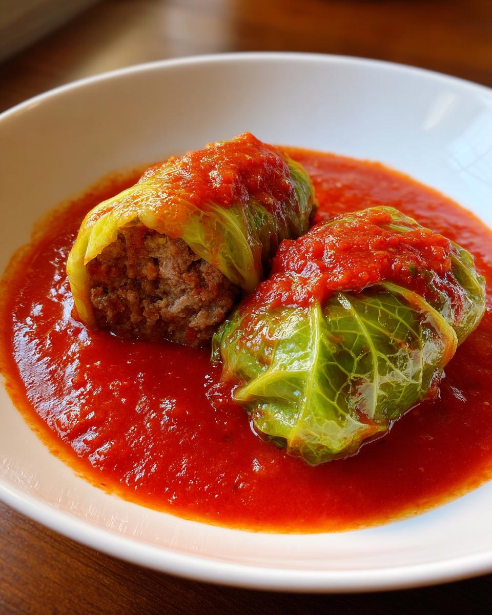Close-up of two homemade cabbage rolls stuffed with meat, served in a rich, bright red tomato sauce.
