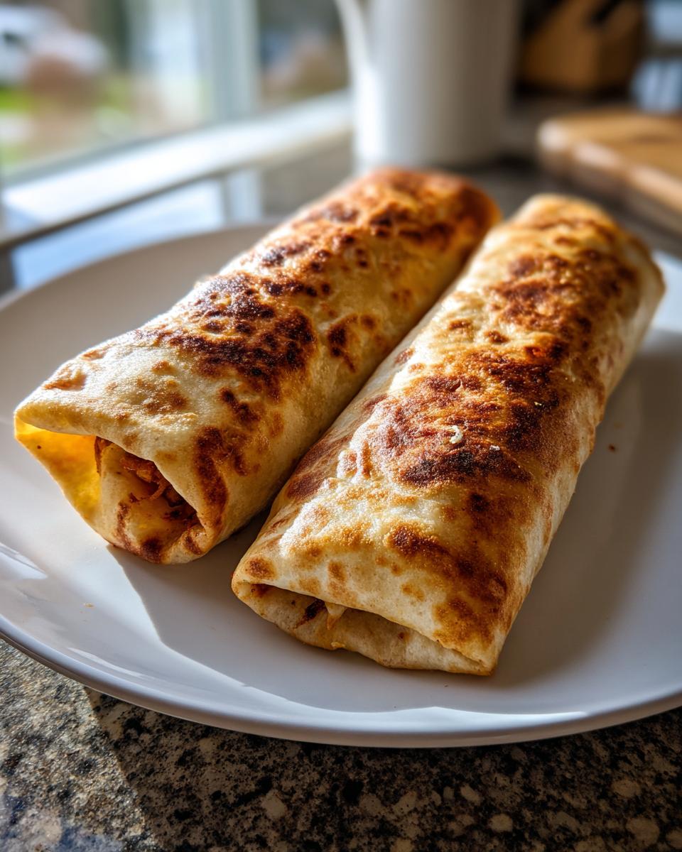 Two golden-brown, crispy Chimichangas resting on a white plate near a bright window.