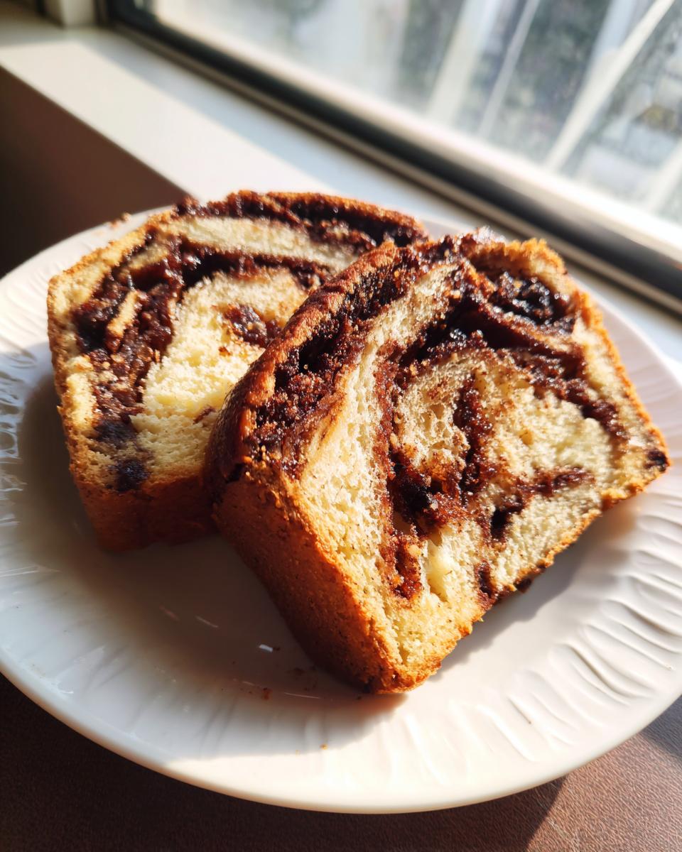 Two thick slices of homemade raisin bread, showing a rich, dark swirl filling, resting on a white plate near a window.