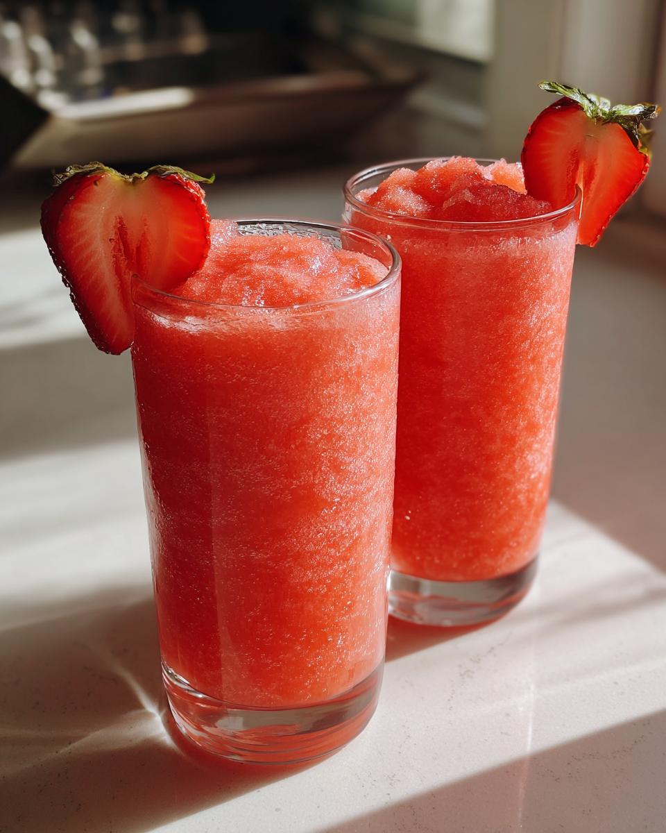 Two tall glasses filled with bright red, icy strawberry daiquiri, garnished with fresh strawberry slices.