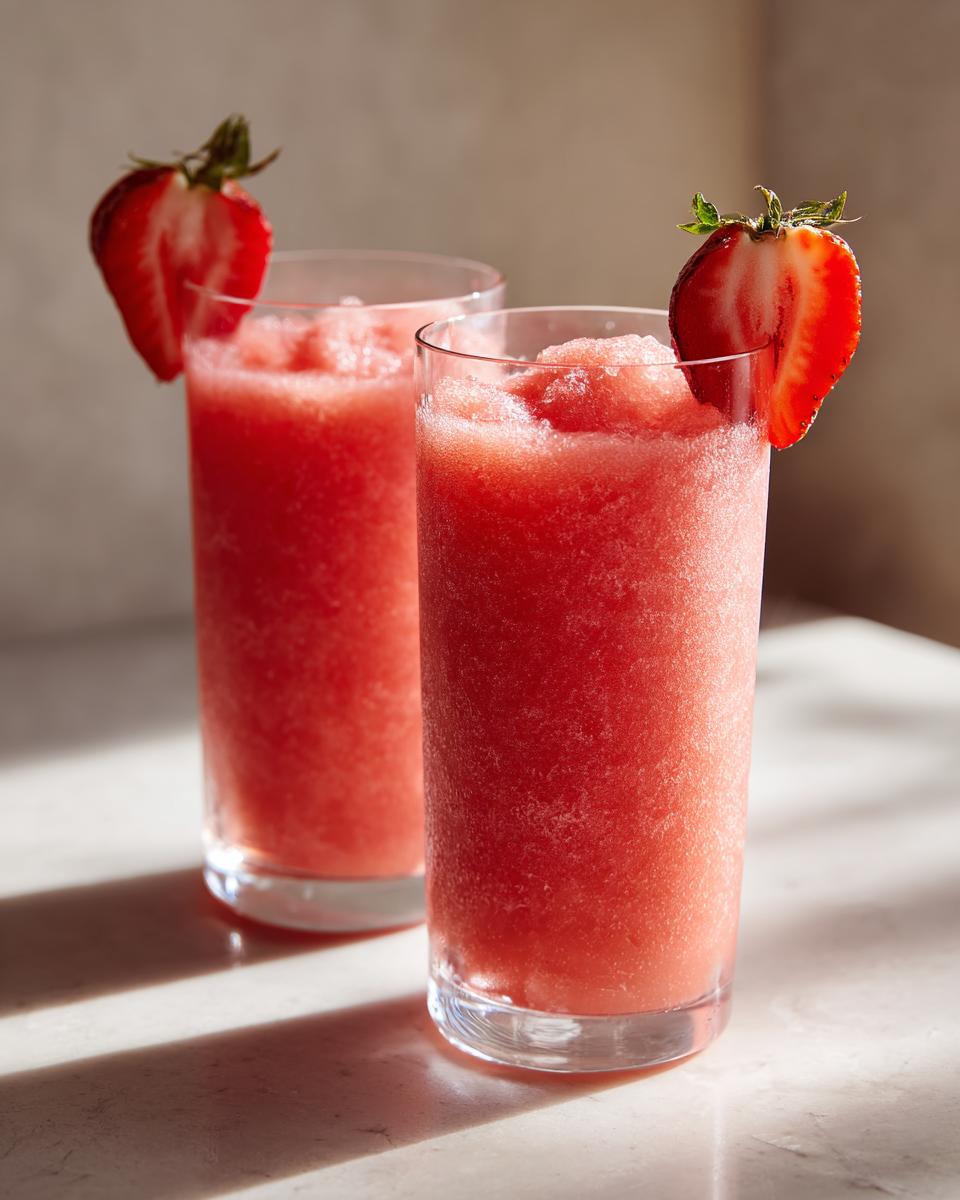 Two tall glasses filled with bright red, icy strawberry daiquiri, garnished with fresh strawberry slices.