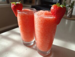 Two tall glasses filled with bright pink, frozen strawberry daiquiri, each garnished with a fresh strawberry.