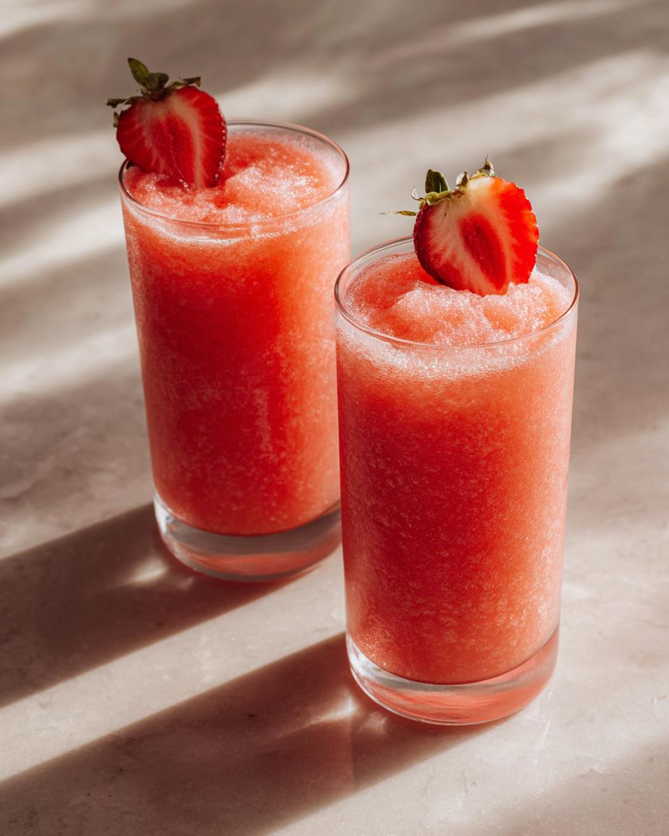Two tall glasses filled with bright red, frozen strawberry daiquiri, each garnished with a fresh strawberry slice.
