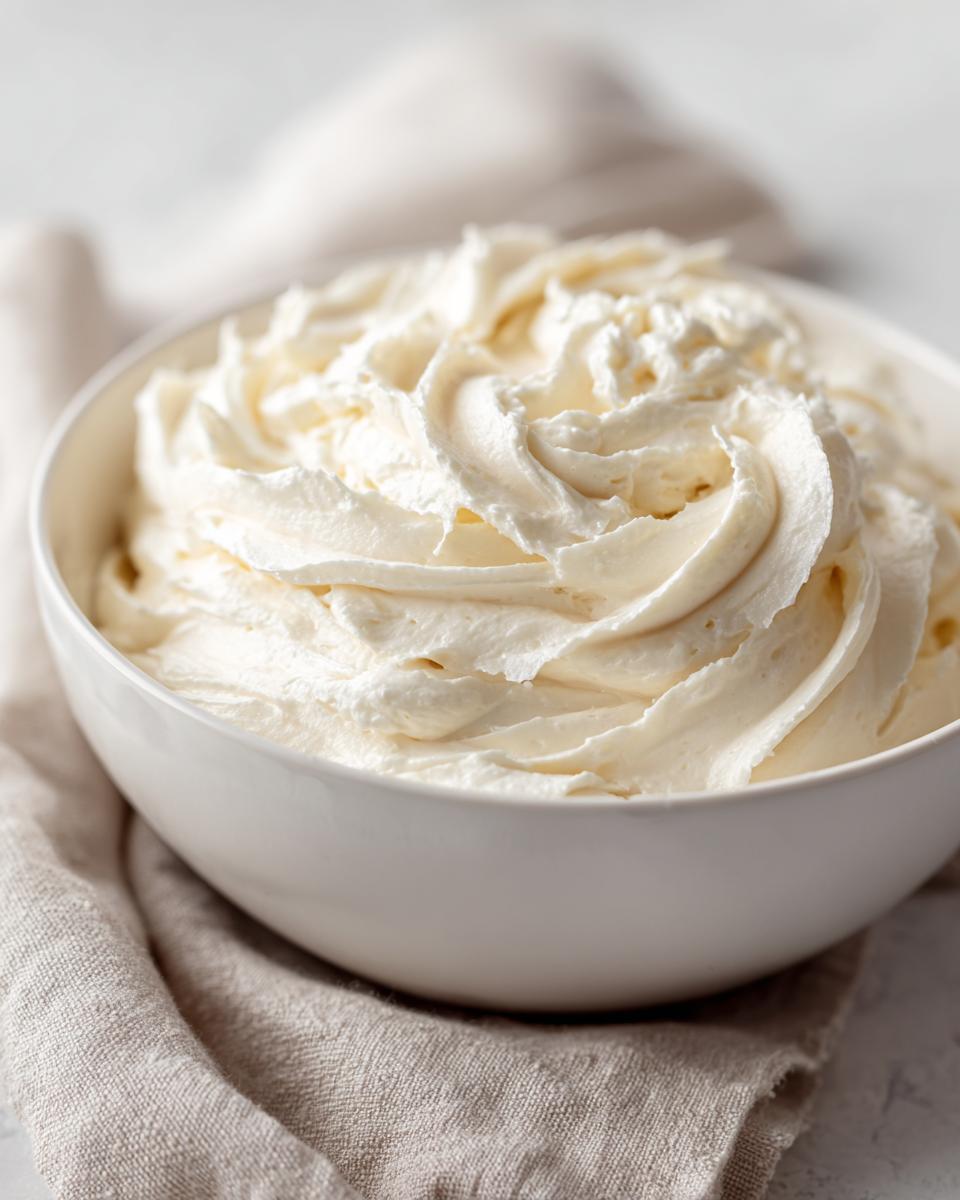 A white bowl filled with perfectly swirled, creamy vanilla buttercream frosting.