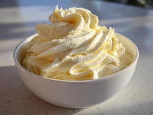 A white bowl filled with perfectly piped, creamy vanilla buttercream frosting, highlighted by bright sunlight.